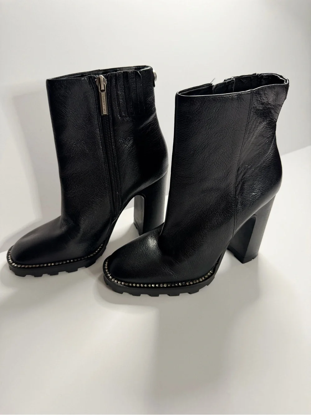 Karl Lagerfeld Black High Heel Ankle Boots with Stud Trim